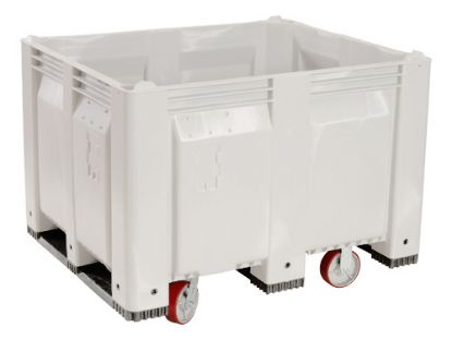 Picture of Solid Straight Walls Plastic Pallet Box Bin on Diamond Pattern Casters 40" x 48" x 36"