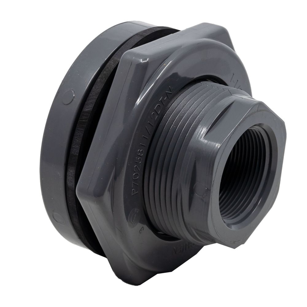 Picture of 1-1/2" Fem NPT Thread Bulkhead Fitting. PVC with EPDM Gasket