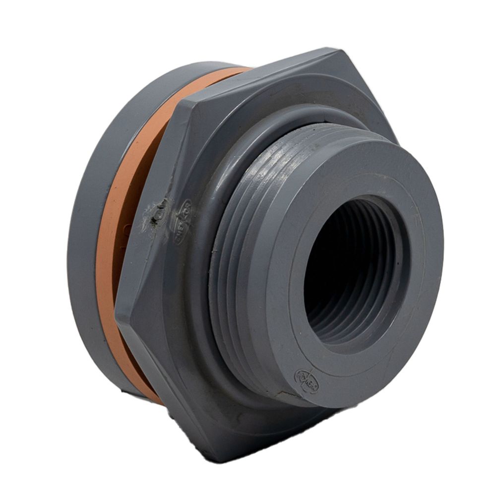 Picture of 1" Fem NPT Thread Bulkhead Fitting. PVC with Viton Gasket